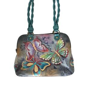 Anuschka Braided Handle Handpainted Butterfly Green Artsy Handbag Purse